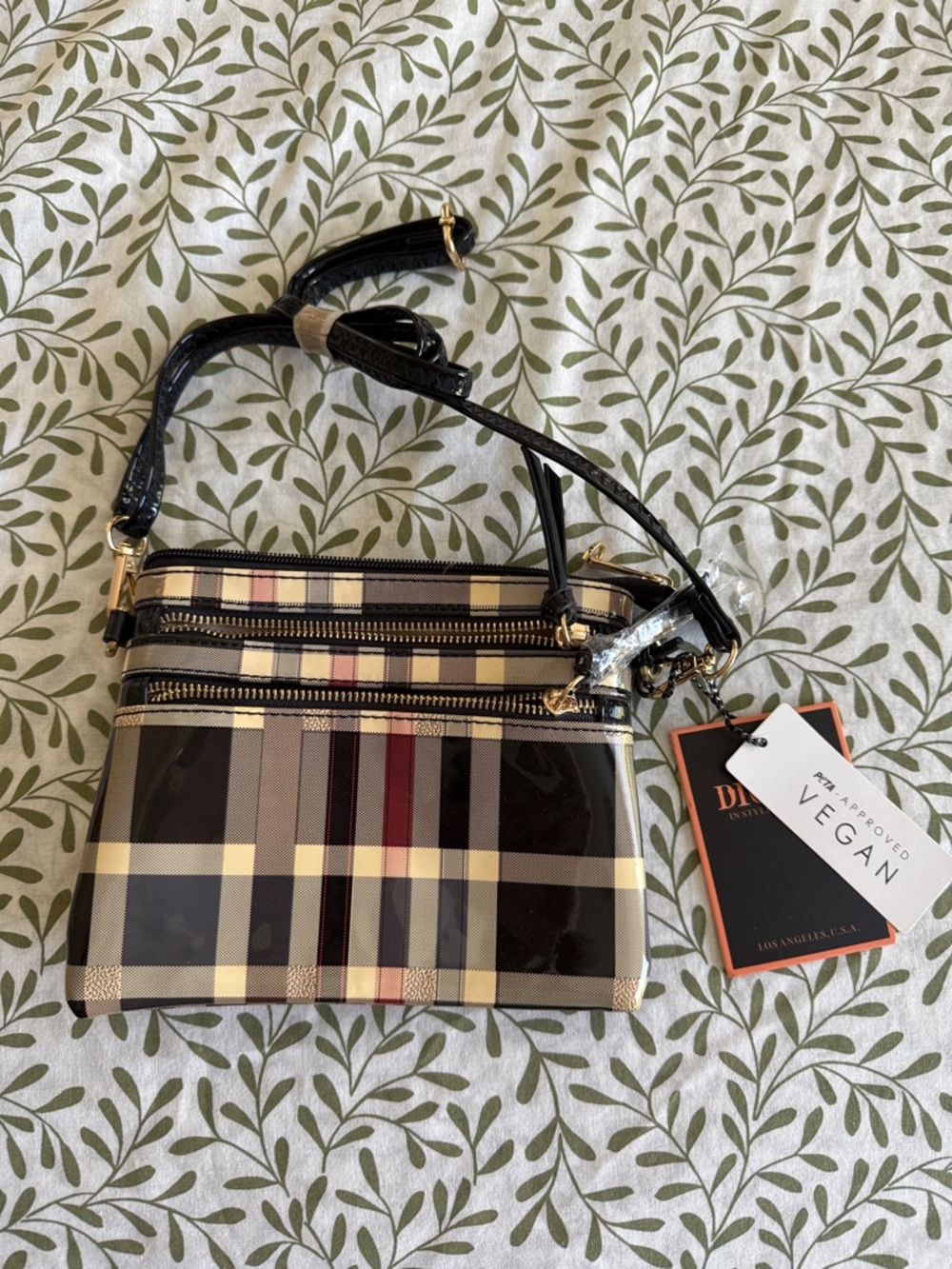 Vegan Plaid Crossbody Bag - Black/Tan